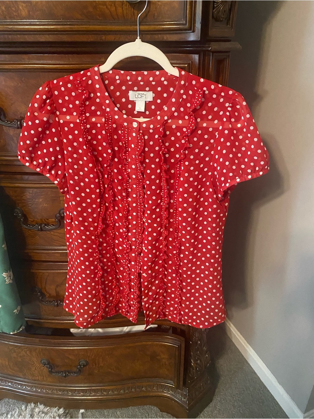 Ann Taylor loft red polka dot button up ruffle trim blouse